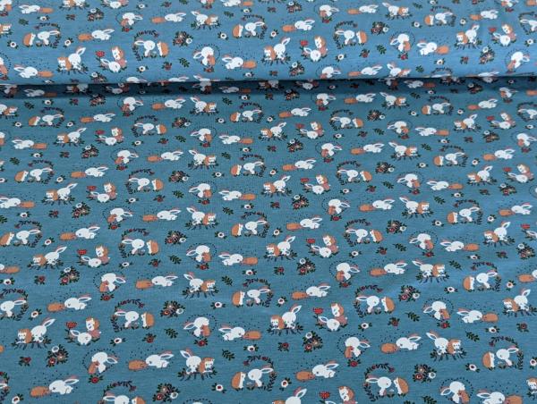 Baumwolljersey Sweet Hase mit Igel auf Dusty Blue